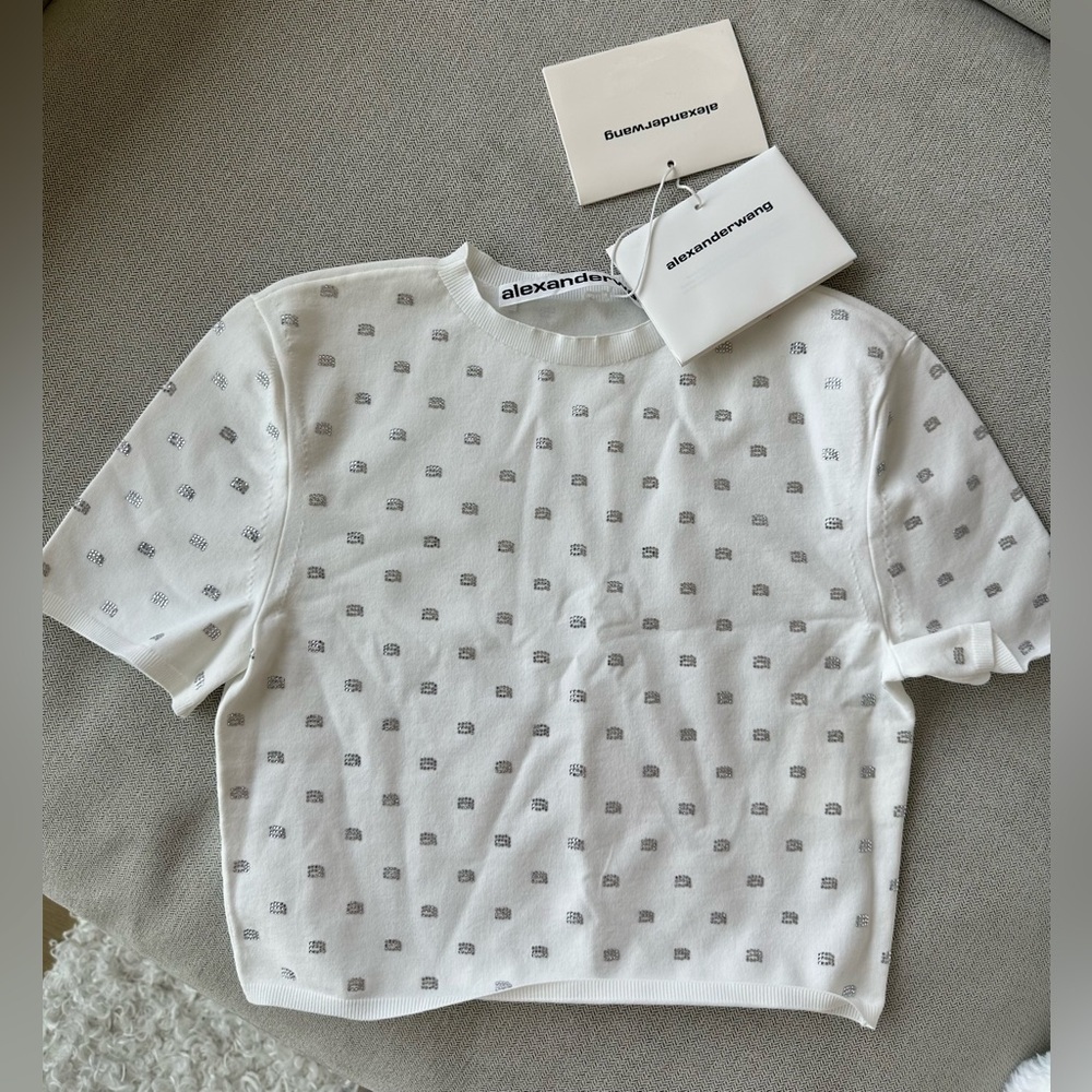 Alexander Wang White Cropped Tee with Gray Allover Logo